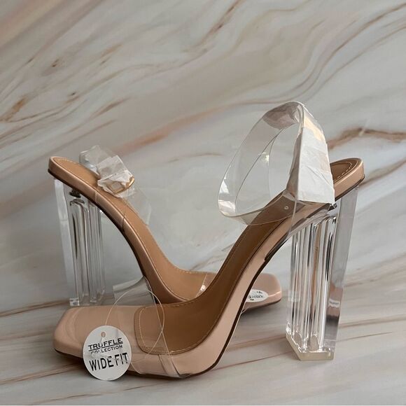 Truffle Collection Women's Clear Crystal Heeled Block Sandals Square Toe - Picture 3 of 8